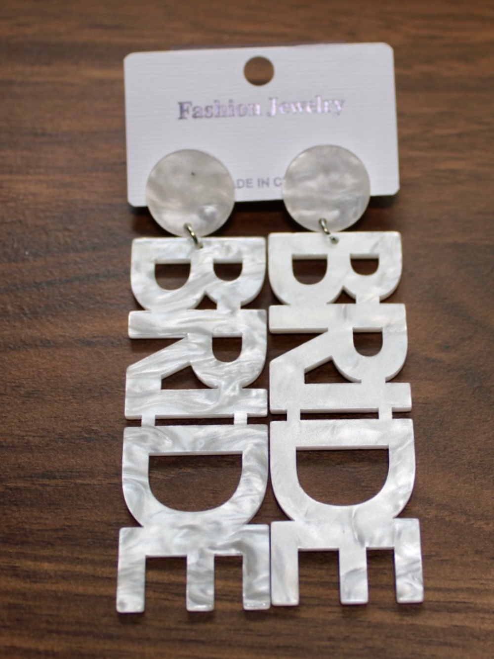 Statement White Marble Acryl 'BRIDE' Dangle Earrings Bridal Gift Bachelorette
